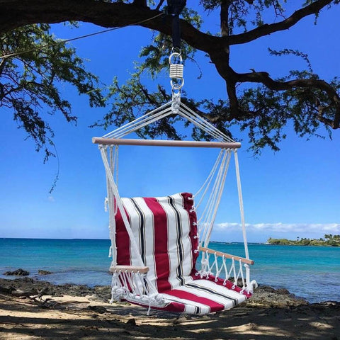 Striped hammock chair hanging from a tree with ocean and beach view in background