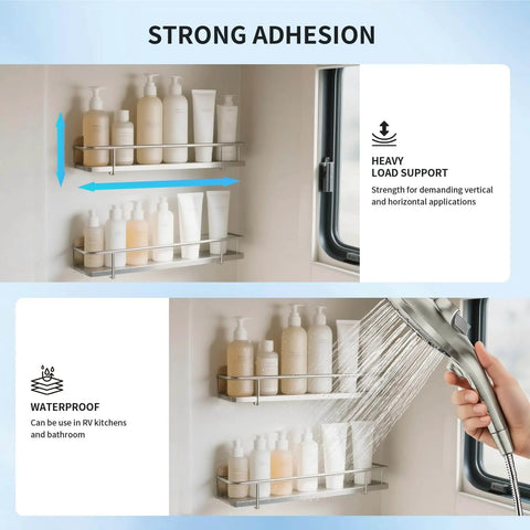 Storage shelves holding bottles mounted with 3M 1600T Double Sided Foam Tape 0.39 Inch By 18 Foot White PE Foam in shower area