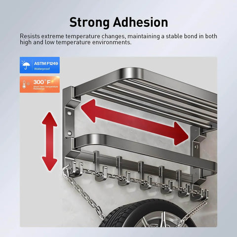 Heavy Duty Double Sided Foam Mounting Tape used on a metal shelf demonstrating strong adhesion in high and low temperatures.