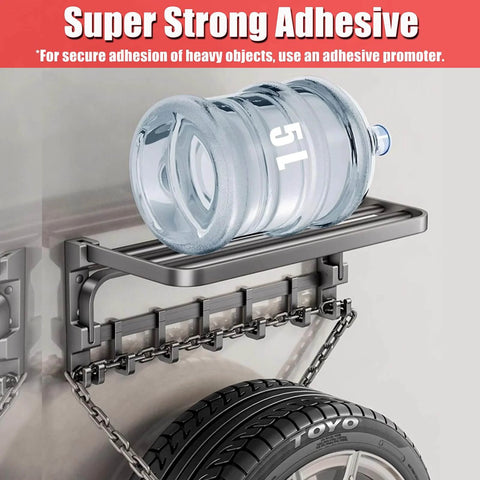 Extreme 1.18 Inch Double Sided Mounting Tape Heavy Duty Adhesive That Sticks Like Crazy holding shelf with water bottle, tire below