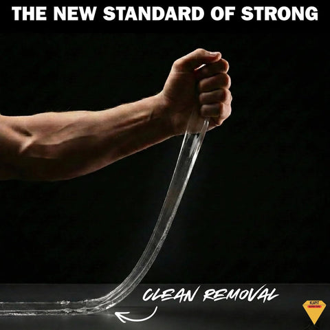 Hand holding Ultra Strong Clear Double Sided Tape With Enhanced Nano Technology Waterproof Mounting Adhesive, heavy duty and flexible