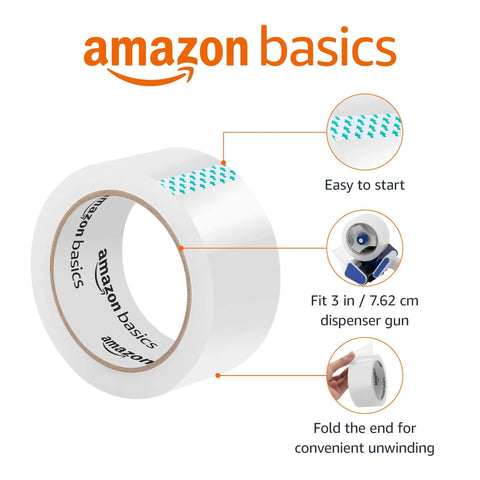 Amazon Basics clear packaging tape with easy start, fits 3 in dispenser, foldable end, Strong Clear Packaging Tape 1.88 Inch By 54.6 yd 12 Pack