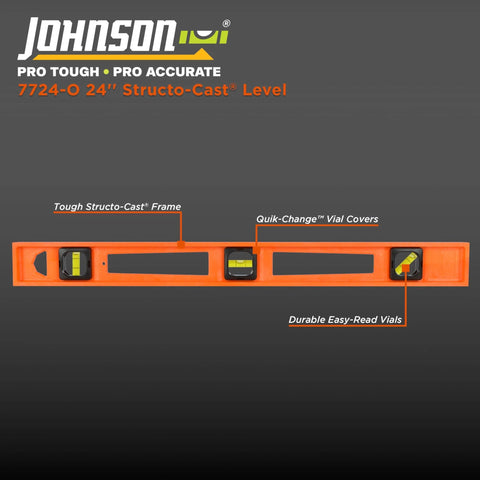 Structo-Cast 24 Inch Level With Non Conductive Frame Built Tough Impact Resistant Acrylic Vials Quik Change Replaceable Vial Covers Won’t Scratch Fine Wood Or Painted Surfaces Bright Orange From Johnson Level