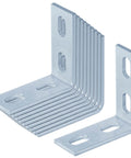Ten Pack 90 Degree Strut Channel Fittings For One And Five Eighths Inch Systems, L Shaped Angle Brackets With Four Slot Holes, Seven Thirty Two Inches Thick, Carbon Steel Electro Galvanized Finish In Silver