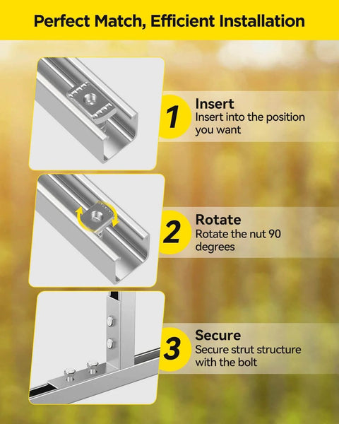 Diagram showing installation steps for heavy-duty 3/8 x 15/16 inch spring channel nut and bolt set for 1-5/8 inch strut channel.