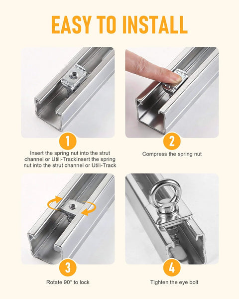 Installation steps for Heavy Duty Strut Channel Nut And Eye Bolt Set With Stainless Steel Eye Bolts M8 And M10 Zinc Plated Spring Nuts And Long Spring For Unistrut T Slot Channel Pack Of 4