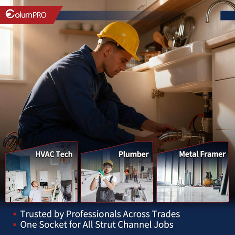 Image of a professional in blue coveralls and yellow hard hat working under a sink, trusted by HVAC, plumbing, and metal framing trades.
