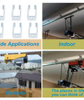 Heavy duty 1 5/8 inch strut channel trolley hangers shown in 6-pack and installed in indoor and outdoor hoist setups