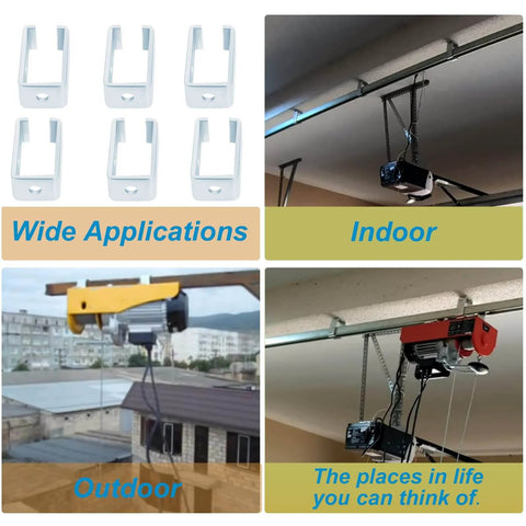 Heavy duty 1 5/8 inch strut channel trolley hangers shown in 6-pack and installed in indoor and outdoor hoist setups