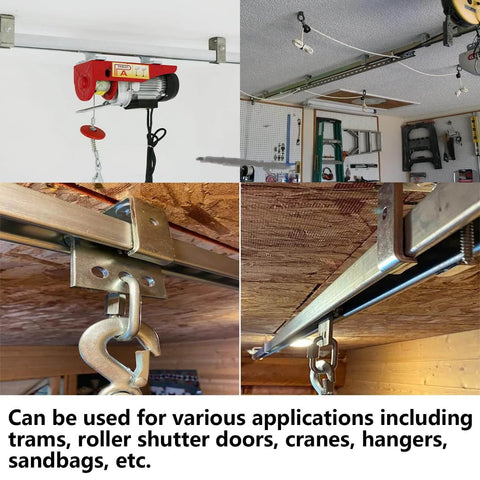 Multiple views of Strut Channel Trolley Track, 57 in, 12 Gauge Steel, galvanized finish, installed in garage with hooks and hoist.