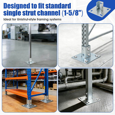 8 Piece Strut Post Base For 1-5/8 Inch Single Strut Channel Ground Floor Mount 6 Inch Square Bracket With Four Holes Heavy Duty