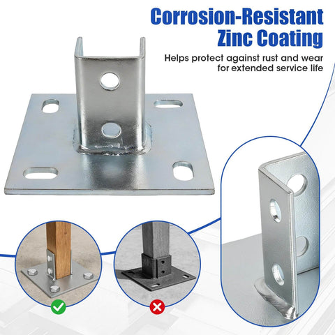 8 Piece Strut Post Base For 1-5/8 Inch Single Strut Channel Ground Floor Mount 6 Inch Square Bracket With Four Holes shown