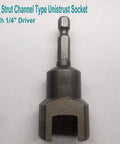 Heavy duty strut socket adapter forged from heat treated alloy steel for durability, one quarter inch drive tool, front view