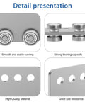 Detailed view of durable 4 wheel trolley assembly with eye loop for unistrut channel systems, showing bearings and construction features.
