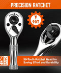 Close-up of Stubby 1/4-Inch Ratchet Wrench Set With 90-Tooth Reversible Drive displaying 4° precision swing, chrome alloy finish.