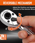 Close-up of Stubby 1/4-Inch Ratchet Wrench Set With 90-Tooth Reversible Drive, showing reversible mechanism and 4° swing.
