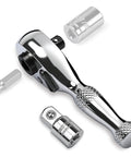 Stubby 1/4-Inch Ratchet Wrench Set With 90-Tooth Reversible Drive, Magnetic Bit Driver, And 1/4-Inch To 3/8-Inch Adapter, Chrome Alloy