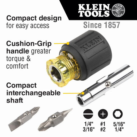 Image of 6-In-1 Stubby Screwdriver And Nut Driver With Interchangeable Shaft and 4 Universal Tips, showing compact design and cushion-grip handle.