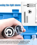 Close-up of Heavy Duty Stud Extractor Set For Broken Stud Removal, 4 Piece Metric Stud Remover Kit held in hand with blue case