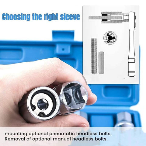 Close-up of Heavy Duty Stud Extractor Set For Broken Stud Removal, 4 Piece Metric Stud Remover Kit held in hand with blue case