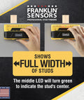 Nine-sensor stud finder and wall scanner with live wire detection for precise locating shown detecting stud width and LED display