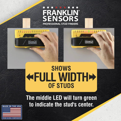 Nine-sensor stud finder and wall scanner with live wire detection for precise locating shown detecting stud width and LED display