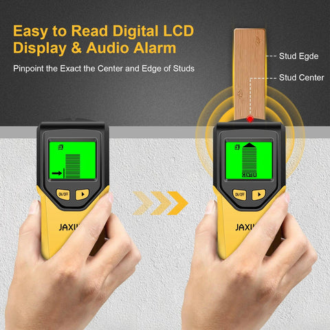 Discover safe, precise mounting with this 5 in 1 Stud Finder Wall Scanner showing HD LCD display highlighting stud edge and center.