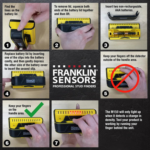 Instructional guide for using the nine-sensor stud finder and wall scanner with live wire detection, showing battery installation.