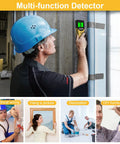 Man using 5 in 1 Stud Finder Wall Scanner with HD LCD display on concrete pillar, showcasing multi-function detection for home improvement.