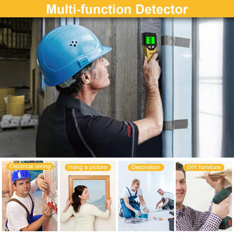 Man using 5 in 1 Stud Finder Wall Scanner with HD LCD display on concrete pillar, showcasing multi-function detection for home improvement.