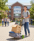 Young man using a ✝️ Folding Hand Truck and Dolly,309 lb Capacity Aluminum Portable Cart with Telescoping Handle and PP+EVA Wheels on campus