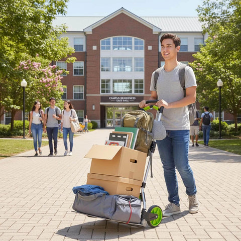 Young man using a ✝️ Folding Hand Truck and Dolly,309 lb Capacity Aluminum Portable Cart with Telescoping Handle and PP+EVA Wheels on campus