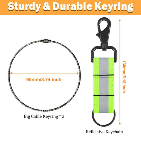 Sturdy and durable wire cable keyring and reflective keychain with clip, showing measurements of 95mm and 130mm.