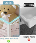 Comparison of sturdy metal wire mesh storage container vs fragile plastic bin alternative