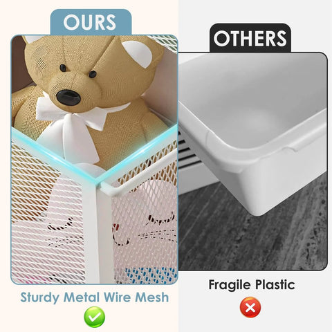 Comparison of sturdy metal wire mesh storage container vs fragile plastic bin alternative