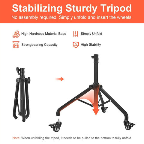 Sturdy tripod with wheels demonstrating stable support and easy unfolding for salon cart; no assembly required.