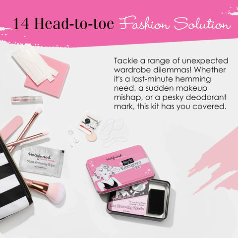 Style Emergency Kit On The Go Wardrobe Savior 14 Piece Set with fashion tape, deodorant remover sponge, and lint sheets displayed.