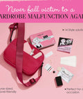 Style Emergency Kit On The Go Wardrobe Savior 14 Piece Set with pink bag, fashion tape, deodorant remover sponge, lint sheets displayed