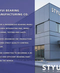 STYUI Bearing Manufacturing Co. building exterior with company description about R&D, manufacturing, and quality control systems.