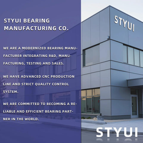 STYUI Bearing Manufacturing Co. building exterior with company description about R&D, manufacturing, and quality control systems.