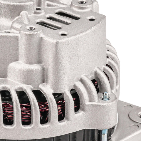 Close-up of high quality automotive alternator, showcasing metal casing and coil details for 110 Amp 12V Alternator For Subaru Outback Legacy 2005 To 2009 2.5L With CW Rotation And 5 Groove Pulley New OE Standard Replacement 11024N 11024 Direct Fit Plug And Play High Quality Automotive Electrical Part