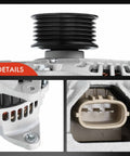 Close-up views of 130 Amp 12V Heavy Duty Street-Ready Alternator For Subaru Legacy Outback Tribeca 2010 2014 With 6-Groove Pulley Clockwise Spin Direct Fit Replacement 3.6L H6 23700AA620 23700AA830 showing details of pulley and connector.