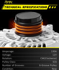 130A Beefed Up Alternator For Subaru Forester 2014-2018 2.0L 2.5L H4 Gas 12V CW Clockwise 6 Groove Clutch Pulley Direct Fit Replacement With OEM Reference 23700-AA760 For Reliable Vehicle Electrical System, showing technical specifications.