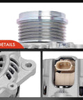 Detailed view of Alternator For Subaru Forester 2014 2015 2016 2017 2018 12V 130A Direct Fit Beefed Up Replacement With Six Groove Pulley Clockwise Rotation For 2.0L And 2.5L Engines 23700AA761 showing pulley, housing, and connector.