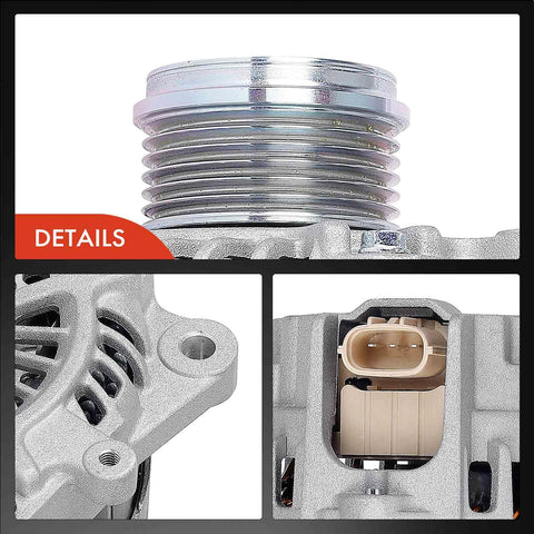 Detailed view of Alternator For Subaru Forester 2014 2015 2016 2017 2018 12V 130A Direct Fit Beefed Up Replacement With Six Groove Pulley Clockwise Rotation For 2.0L And 2.5L Engines 23700AA761 showing pulley, housing, and connector.