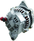 Alternator Replacement For Subaru Impreza And Forester H4 Engines 1997 1998 High Quality Durable Auto Electrical Part That Guards Against Overcharging, Shorts, And Electrical Faults With Smooth Performance And Easy Plug And Play Fit, front view of silver alternator with pulley and fan visible.