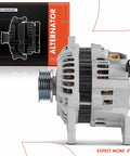 Side view of Alternator For Subaru Impreza 1993 1994 1995 1996 1997 12V 75A Five Groove Pulley Clockwise Replacement in packaging