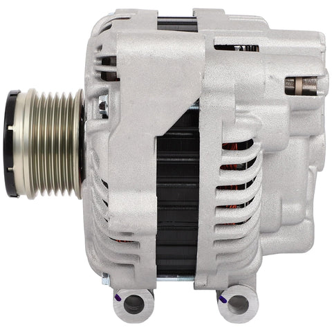 Side view of Premium 110 Amp 12 Volt Replacement No Fuss Alternator For Subaru Outback And Legacy 2013 2014 Two Point Five Liter Engine Fits Premium Limited Touring Trims CW Rotation