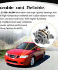 Red car on road with highlighted 23700-AA380 alternator for increased durability and performance