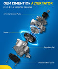 Exploded view of Beefed Up 110 Amp 12V Alternator for Subaru Impreza 2006 2010 with anti-slip grooved pulley and stator